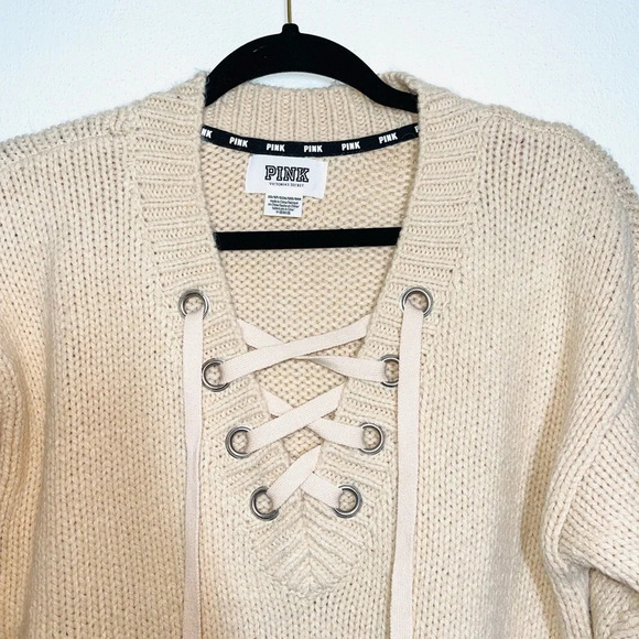PINK Victoria’s Secret Cream Lace-up Front Oversized Sweater Xsmall Women’s - Picture 2 of 10
